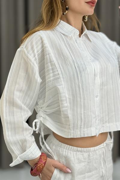 Kadın Yanları Büzgülü Mavi Çizgili Crop Uzun Kol Gömlek Beyaz