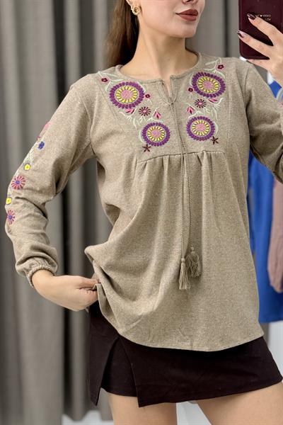 Kadın Vizon Triko Etnik Mor Çiçek Nakışlı Kazak