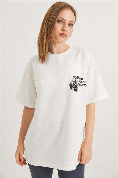 Baskılı Oversize İki İplik Tshirt Ekru