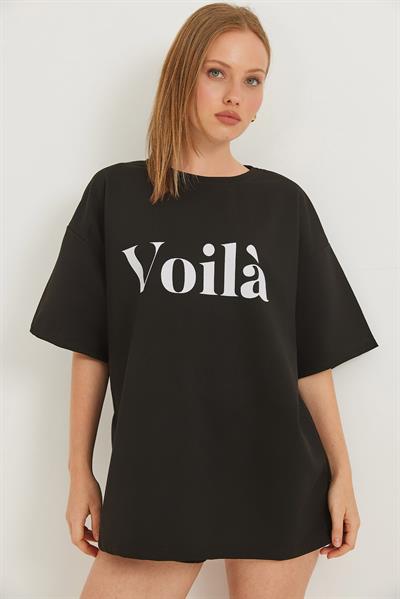 Voila Baskılı Oversize İki İplik Tshirt Siyah