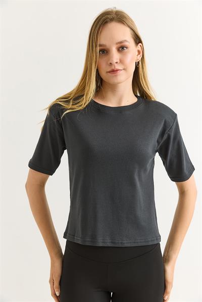 Vatkalı Bisiklet Yaka Basic Tshirt Füme