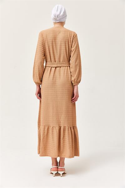 Kuşaklı Kat Keten Elbise Vizon