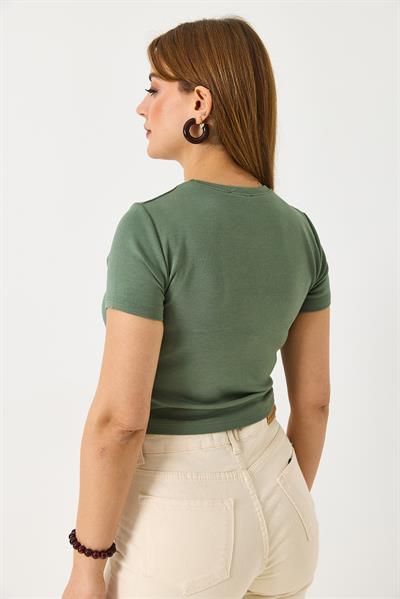 Kadın Kısa Kollu Taş Detaylı Crop Bluz Yeşil