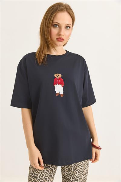Ayıcık Nakışlı Rahat Kalıplı Tshirt  Antrasit