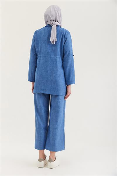 Bel Bağlamalı Ceketli Keten Takım Mavi