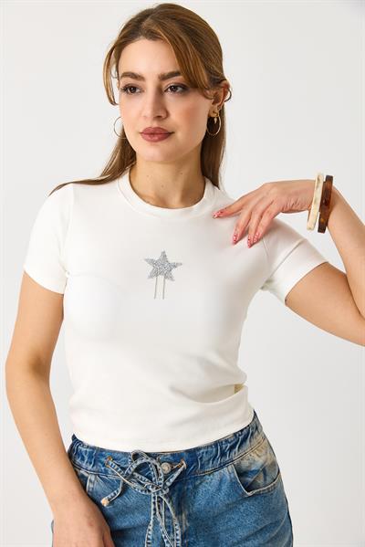 Kadın Kısa Kollu Yıldız Taşlı Crop Bluz Beyaz