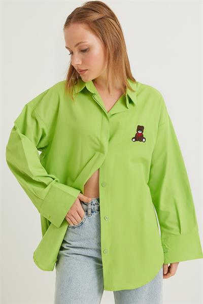 Ayıcık Nakışlı Oversize Basic Gömlek Açık Yeşil