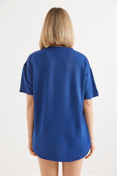Eteği Oval Kesim Bisiklet Yaka Tshirt Mavi