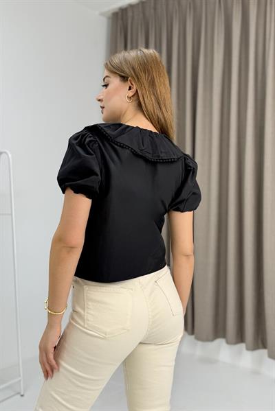 Kadın Bebe Yaka Kısa Kol İpli Bluz Siyah