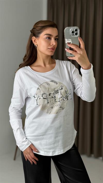 Kadın Beyaz Parlak  Baskılı  Tshirt