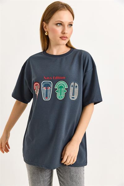 Baskılı Oversize Tshirt Füme
