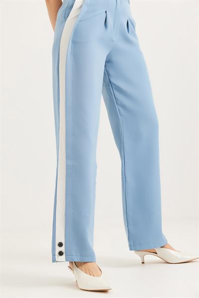 Yanları Şeritli Bol Paça Pantolon Mavi