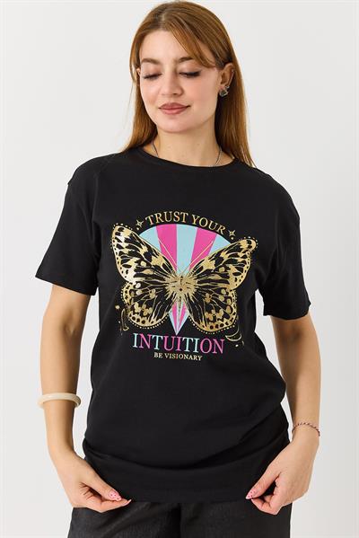 Kadın  Bisiklet Yaka Baskılı Kısa Kol Tshirt Siyah