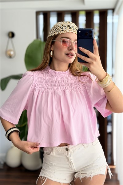 Kadın Bisiklet Yaka Göğsü Gipeli Kısa Kol Crop Bluz Pembe