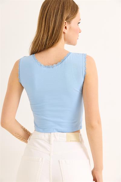 Güpürlü Büzgülü Crop Bluz Mavi