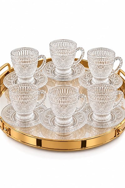 12 Parça Cam Kabartma Desenli 6lı Fincan Takımı 