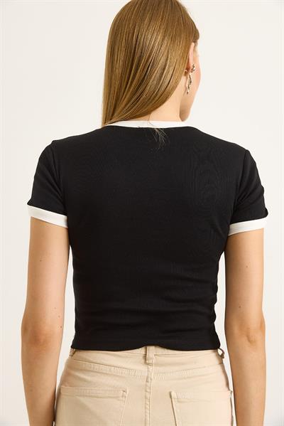 Bisiklet Yaka Baskılı Crop Tshirt Siyah