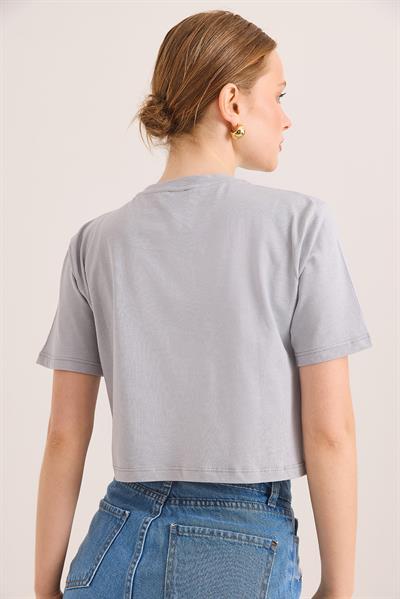 Karikatür Kuş Baskılı Pamuk Örme Crop Tshirt Gri