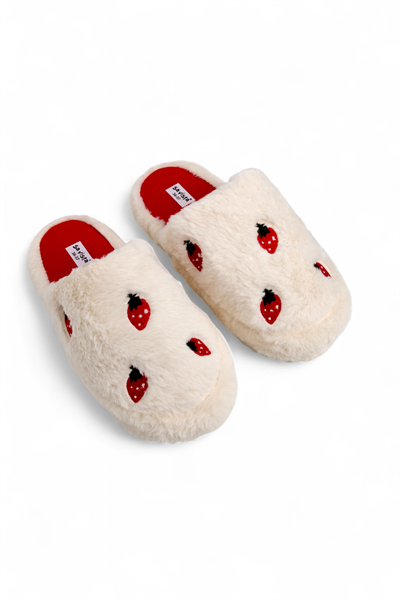 Kadın Sessiz Taban Çilek Motifli Ev Terliği