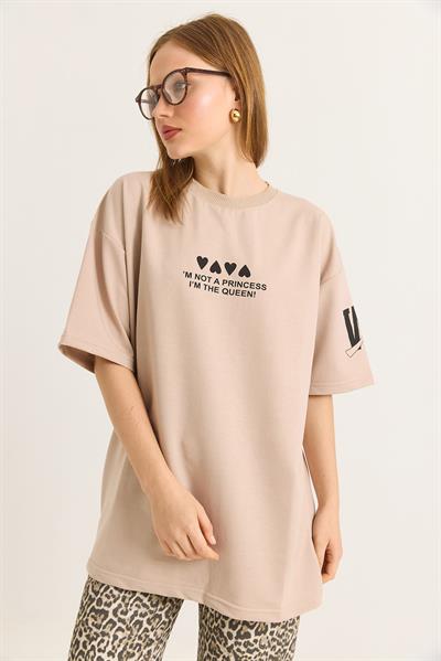 Bisiklet Yaka Baskılı Oversize Tshirt  Bej