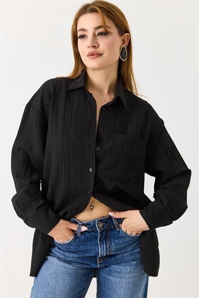Kadın Oversize Müslim Kumaş Basic Gömlek Siyah