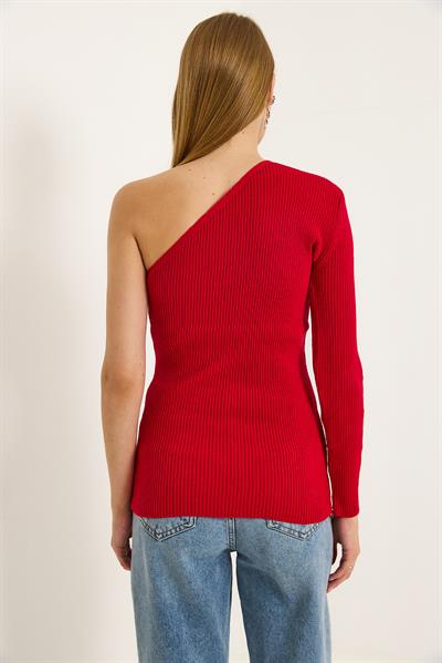 Tek Omuz Kolu Detaylı Fitilli Bluz Kırmızı
