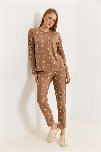 Kadın Bisiklet Yaka Bakılı Pijama Takımı Vizon