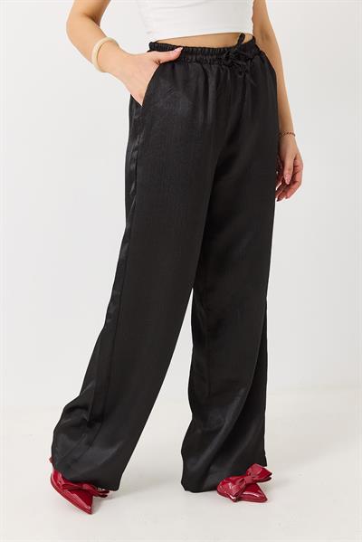 Kadın Saten Bol Kesim Salaş Beli Lastikli Pantolon Siyah