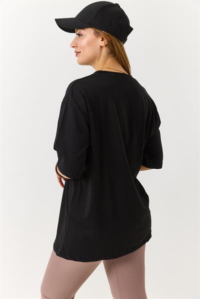 Kadın Kalp Nakışlı Bisiklet Yaka Tshirt Siyah