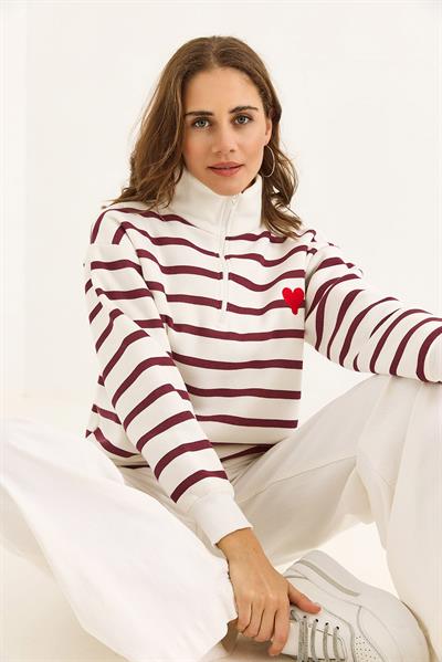 Kadın Oversize Çizgili Kalp Nakışlı Fermuarlı Sweatshirt Bordo