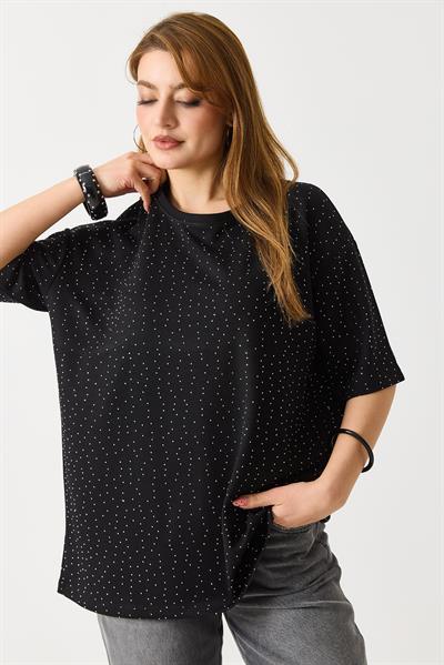 Kadın Taş Detaylı Bsiklet Yaka Oversize Tshirt Siyah