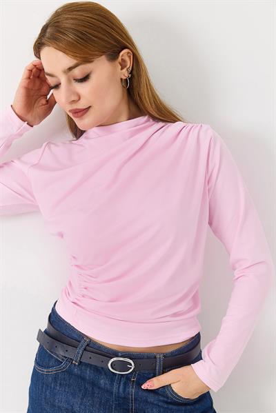 Kadın Yanları Büzgülü Bluz Pembe