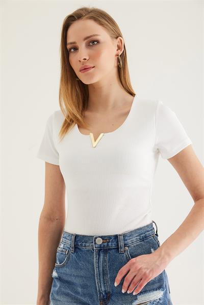 Yaka V Detay Kısa Kol Kaşkorse Bluz Beyaz 