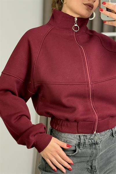Kadın Fermuarlı Dikiş Detaylı Sweat Bordo