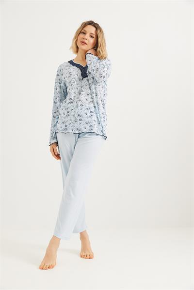 Yakası Dantelli Uzun Kollu Pijama Takımı Mavi