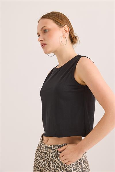 Sıfır Kol Yuvarlak Yaka Havalı Crop Tshirt Siyah