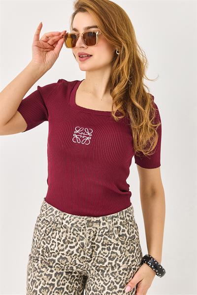 Kadın Nakışlı Kalın Askılı Bluz Bordo