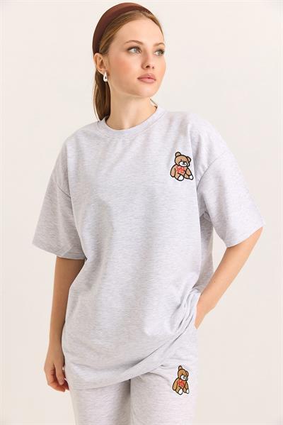 Ayıcık Nakışlı Oversize İki İp Tshirt  Gri
