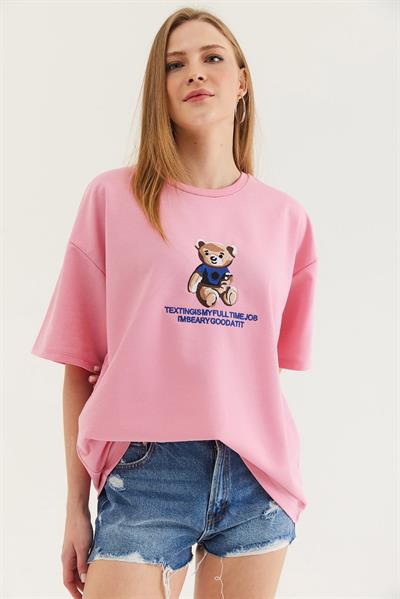 Bisiklet Yaka Oversize T-Shirt Pembe