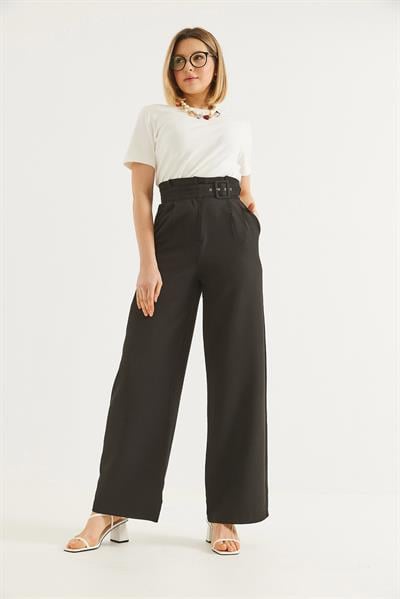 Yüksek Bel  Kemerli Bol Paça Pantolon Siyah
