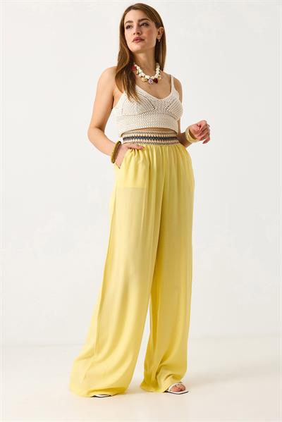 Kadın Beli Etnik Desen Keten Salaş Pantolon Sarı