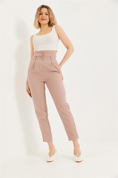 Çift Düğmeli Yüksek Bel Palazzo Pantolon Sütlü Kahve