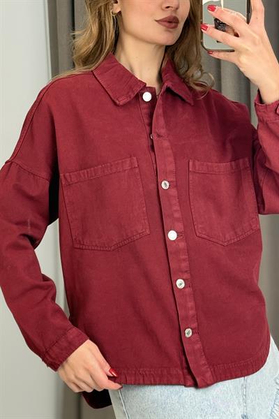 Kadın Çift Cepli Oval Kesim Kot Gömlek Ceket Bordo