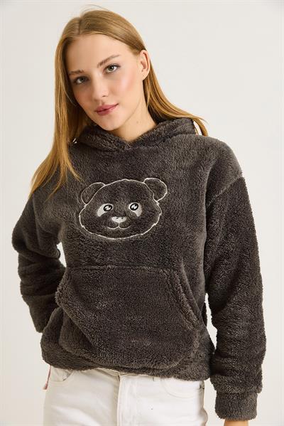 Kadın Kapüşonlu Nakış İşlemeli Peluş Sweatshirt  Füme