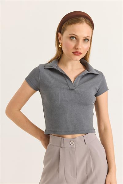 Polo Yaka Basıc Kısa Kollu Örme Kaşkorse Crop Bluz Füme