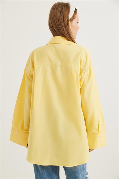 Kalp Nakışlı  Oversize Basic Gömlek Sarı