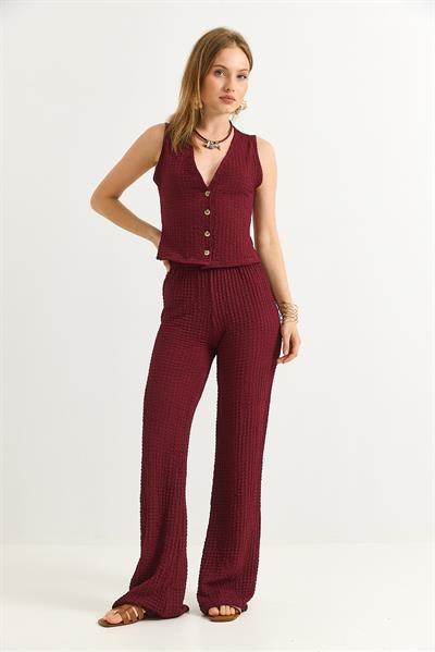 Crop Yelek Pantolon İkili Takım Bordo