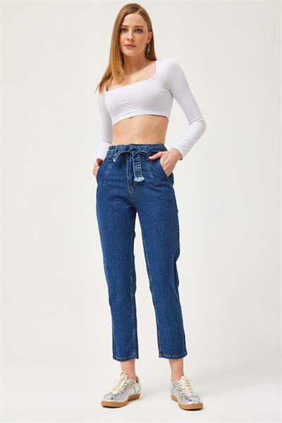 Yüksek Bel Kuşaklı Jeans Pantolon Lacivert