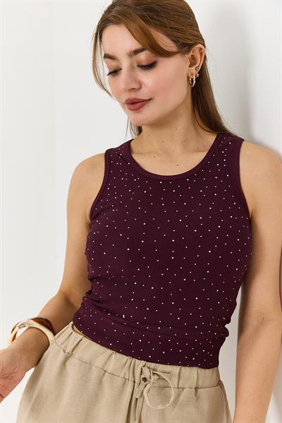 Kadın Taş Detaylı Kaşkorse Kalın Askılı Bluz Bordo