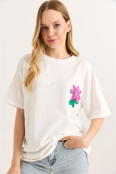 Baskılı Bisiklet Yaka Basic Tshirt Beyaz